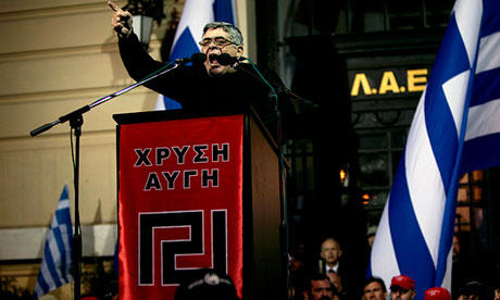 Nikolaos Michaloliakos (middle), leader of fascist group, Golden Dawn, aims to rid Greece of its immigrants . Michaloliakos accuses blacks in particular, of cannibalism. But according to him, they boil their victims first.