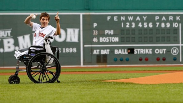 Boston marathon victim, Jeff Bauman throws the first pitch at a recent Red Sox game at Fenway Park. 